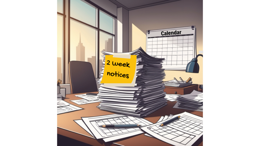 Stack of papers on desk with sticky note stating "2 week notices"