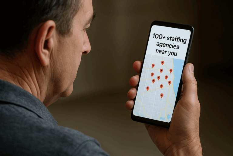 Over-the-shoulder view of a middle-aged man with black hair looking at a smartphone displaying a map app with the message '100+ staffing agencies near you' and multiple location pins.