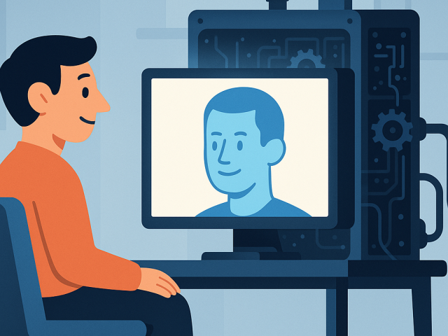 Person interviewing on a computer with a recruiter. The recruiter is an AI