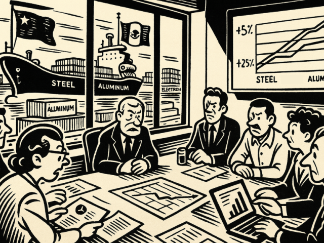 1920s cartoon-style illustration of manufacturing executives in a boardroom discussing steel and aluminum tariffs, with China and Mexico cargo ships unloading containers labeled steel, aluminum, and electronics.