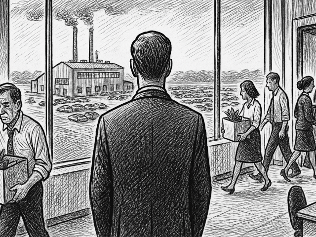 Black-and-white political cartoon of a man in a suit standing with his back to the viewer in a top-floor office, looking out a large window at a single manufacturing plant and packed parking lot below, while colleagues walk by carrying boxes and exit through a doorway, symbolizing AI-driven office layoffs.