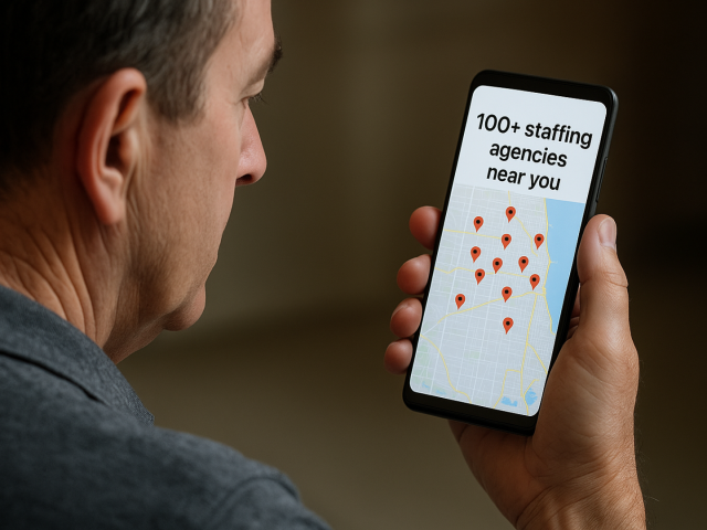 Man Browsing Staffing Agencies on Smartphone Map App Over-the-shoulder view of a middle-aged man with black hair looking at a smartphone displaying a map app with the message '100+ staffing agencies near you' and multiple location pins.
