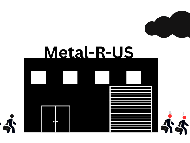 Revolving Door of HR Iconographic of Professionals entering a manufacturing plant from the left, and then leaving angry from the right